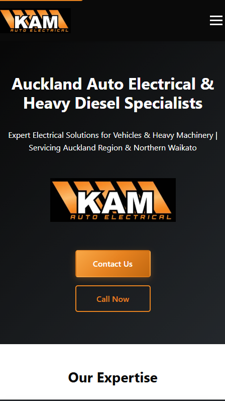 KAM Auto Electrical website — mobile view